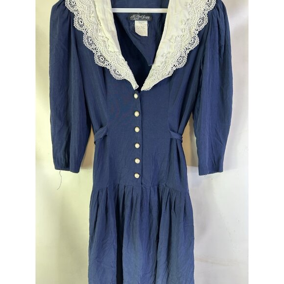 Vintage 80s Lace Trim Collar Puff Sleeve Button Dress USA Grunge Cottag - Picture 3 of 8